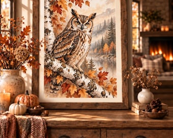 May include: A framed wall art print featuring a detailed illustration of a great horned owl perched on a birch tree branch. The scene depicts an autumn forest landscape with vibrant orange and red maple leaves, pine trees, and a calm lake.