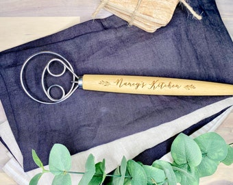 Danish Dough Whisk, Laser Engraved Name on Wooden Dough Whisk, Personalized Kitchen Accessory