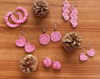 Pink Valentines day earrings- crochet earrings, crochet heart, crochet rose, crochet mandala, crochet hoop, hand crochet, valentinesearrings