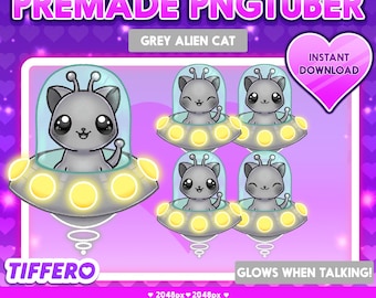Kawaii grijze buitenaardse kat pngTuber-model (4 png-bestanden) (digitale download)
