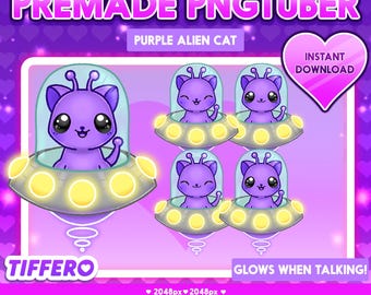 May include: A digital graphic featuring a purple alien cat in a UFO. The text reads "PREMADE PNGTUBER" and "PURPLE ALIEN CAT". The image includes the text "INSTANT DOWNLOAD" and "GLOWS WHEN TALKING!". The artist's name, TIFFERO, is also displayed.