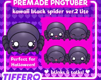 May include: Kawaii black spider animation PNGtuber with blinking eyes and talking mouth. The spider is in various poses with a pink background and hearts. The text reads "PREMADE PNGTUBER kawaii black spider ver.2 lite Perfect for Halloween! TIFFERO blinks & talks!"
