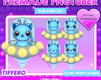 May include: A digital graphic featuring a blue alien cat in a UFO, labeled "PREMADE PNGTUBER." The image includes the text "BLUE ALIEN CAT," "INSTANT DOWNLOAD," and "GLOWS WHEN TALKING!" The artist's name, TIFFERO, is also displayed.