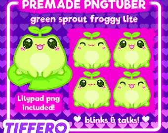 May include: A digital illustration of a green frog with a sprout on its head. The frog is sitting on a lily pad. The image is set against a pink background with hearts. The text "PREMADE PNGTUBER green sprout froggy lite" is at the top of the image. The text "Lilypad png included!" is at the bottom of the image. The text "TIFFERO" is in the bottom left corner of the image. The text "❤ blinks & talks! ❤" is in the bottom right corner of the image.