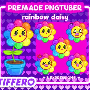 Premade PNGtuber-model Rainbow Daisy (5 expressies), Vtuber, Twitch, OBS, Veadotube, Discord, Youtube, Stream