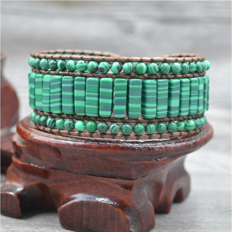Green malachite bracelet-leather wrapped bracelet-green expandable bracelet-malachite jewelry-for him gift for her