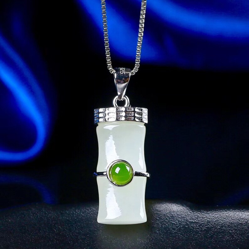 White Hetian Jade Bamboo Necklace-Bamboo Jade Necklace Pendant-925 Silver Necklace-Charm Necklaces-Inlaid Jade Jewelry