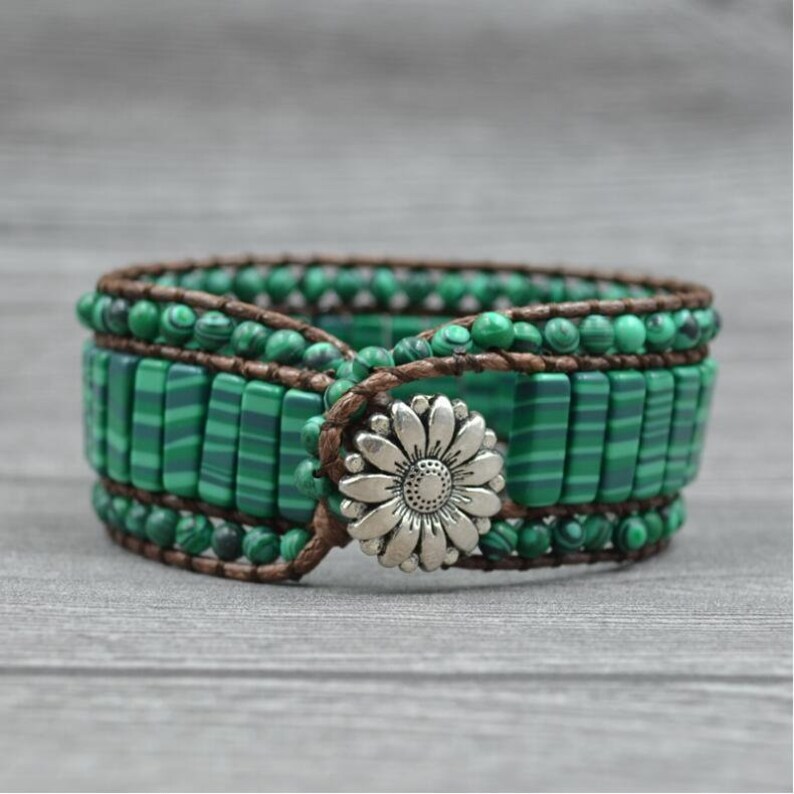 Green malachite bracelet-leather wrapped bracelet-green expandable bracelet-malachite jewelry-for him gift for her