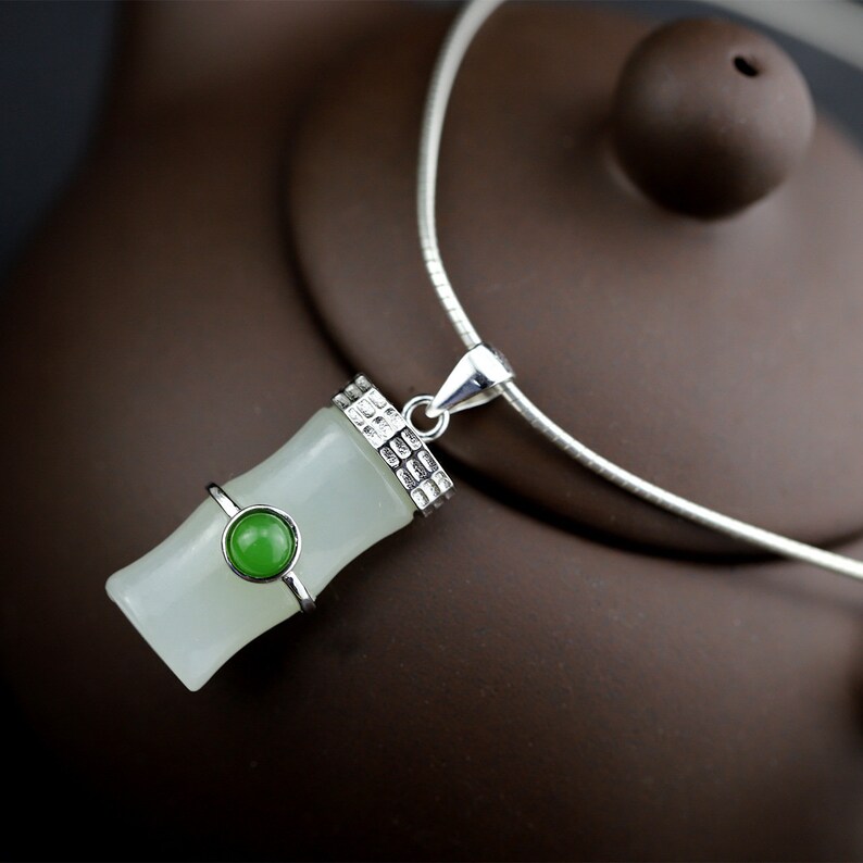 White Hetian Jade Bamboo Necklace-Bamboo Jade Necklace Pendant-925 Silver Necklace-Charm Necklaces-Inlaid Jade Jewelry