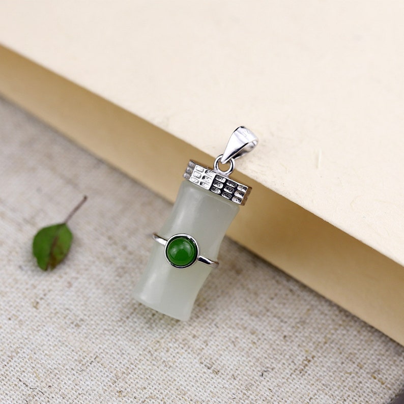 White Hetian Jade Bamboo Necklace-Bamboo Jade Necklace Pendant-925 Silver Necklace-Charm Necklaces-Inlaid Jade Jewelry
