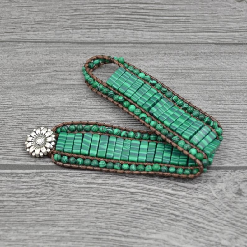 Green malachite bracelet-leather wrapped bracelet-green expandable bracelet-malachite jewelry-for him gift for her