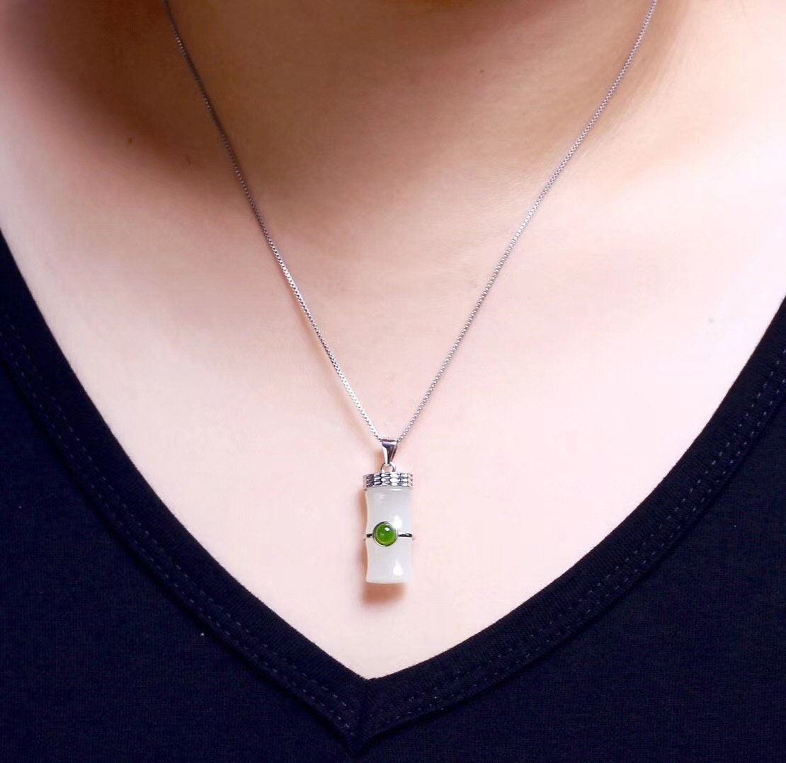 White Hetian Jade Bamboo Necklace-Bamboo Jade Necklace Pendant-925 Silver Necklace-Charm Necklaces-Inlaid Jade Jewelry