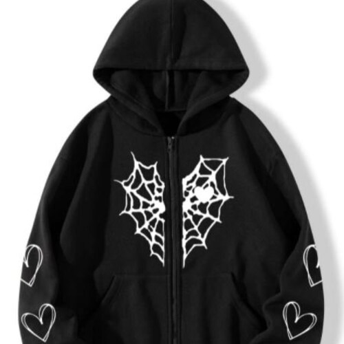 Spider Web & Heart Print Zipper Thermal Hoodie - Etsy