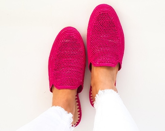 Raffia shoes handmade slippers summer mules Moroccan shoes pink raphia flats babouch