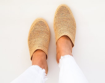 Raffia shoes handmade slippers summer mules Moroccan shoes raphia flats babouch