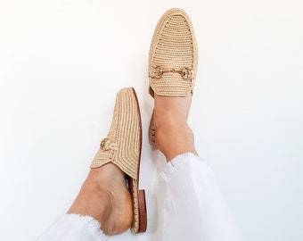Raffia shoes, handmade slippers, natural summer mules, Moroccan shoes, High end raphia flats, Moroccan babouch