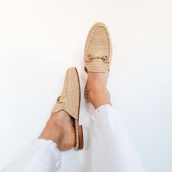 Raffia shoes, handmade slippers, natural summer mules, Moroccan shoes, High end raphia flats, Moroccan babouch