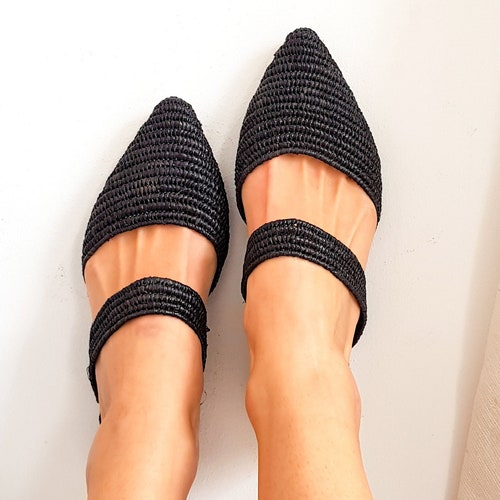 Raffia shoes, handmade slippers, black shops summer mules, Moroccan shoes, High end raphia flats, Moroccan babouch