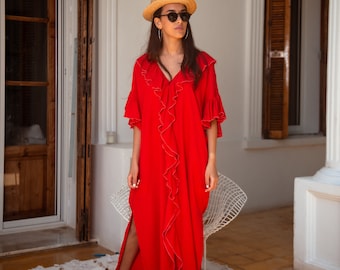 Handmade Moroccan Linen Kaftan: Red Ruffle Boho Dress