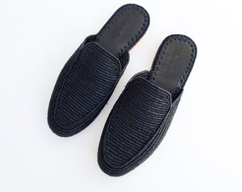 Raffia shoes handmade slippers black mules Moroccan shoes black raphia flats babouch