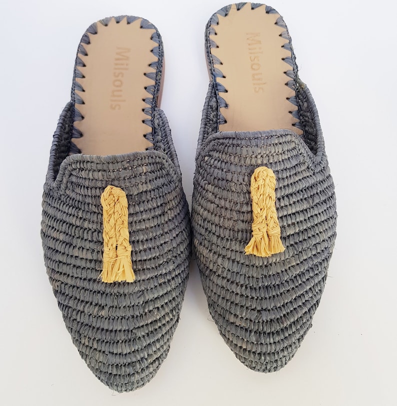 Raffia shoes handmade slippers grey summer mules Moroccan shoes High end raphia flats babouch