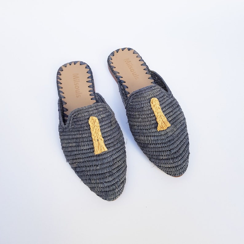Raffia shoes handmade slippers grey summer mules Moroccan shoes High end raphia flats babouch
