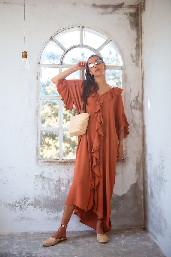 Handmade Linen Kaftan Dress: Moroccan Boho Ruffle Caftan - Etsy UK