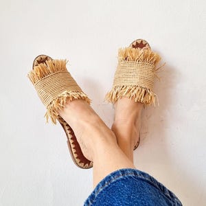 Sandales en raphia, chaussures pour femmes, chaussures plates d&#39;été, chaussures en raphia faites main, raphia