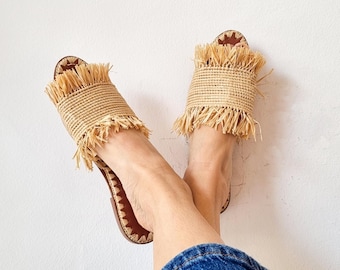 Handmade Raffia Sandals: Women's Summer Leather Flats