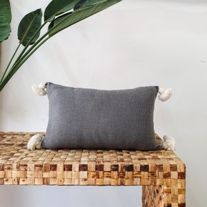 Handmade Moroccan Cotton Lumbar Pillow: Pompom Cushion (16x8 inch)