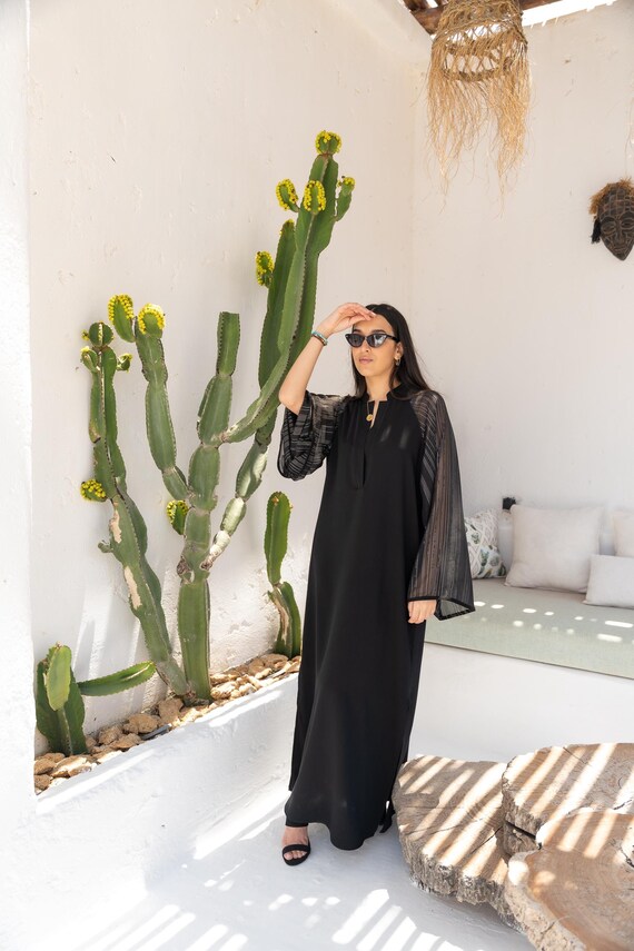 Handmade Moroccan Kaftan: Black Maxi Dress, Boho Resortwear