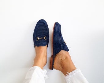 Raffia shoes, handmade slippers, navy summer mules, Moroccan shoes, High end raphia flats, Moroccan babouch