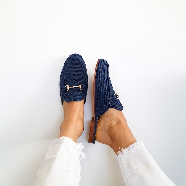 Raffia shoes, handmade slippers, navy summer mules, Moroccan shoes, High end raphia flats, Moroccan babouch
