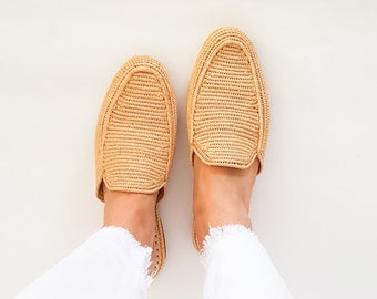 Raffia shoes handmade slippers summer mules Moroccan shoes natural raphia flats babouch