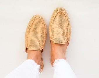 Raffia shoes handmade slippers summer mules Moroccan shoes natural raphia flats babouch