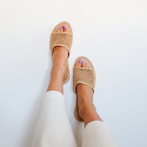 Chaussures en raphia sandales faites main mules d&#39;été Chaussures marocaines en raphia plates babouch