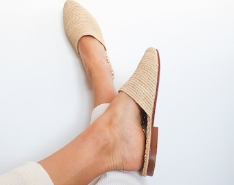 Handmade Raffia Mules: Moroccan Summer Leather Slippers