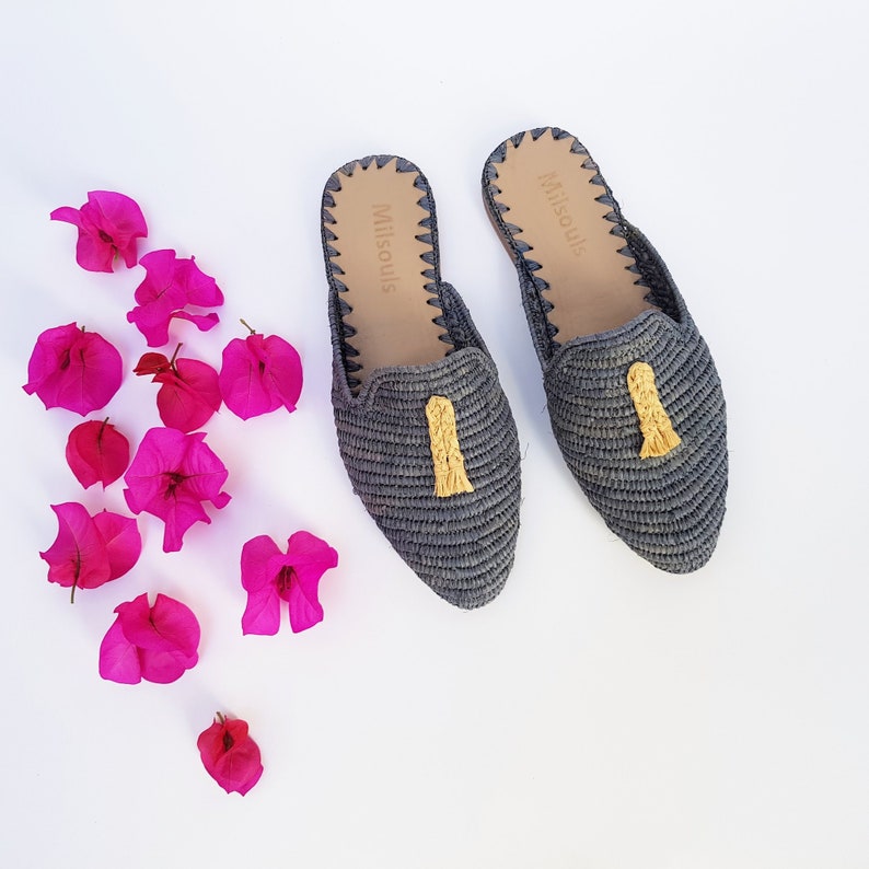 Raffia shoes handmade slippers grey summer mules Moroccan shoes High end raphia flats babouch