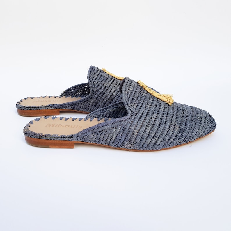 Raffia shoes handmade slippers grey summer mules Moroccan shoes High end raphia flats babouch