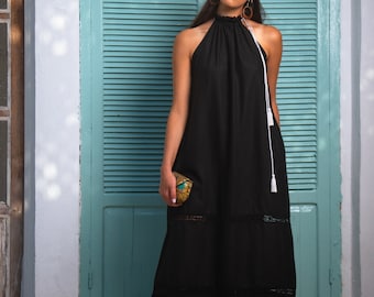 Handmade Linen Maxi Dress: Black Boho Resortwear with Silk Pompoms