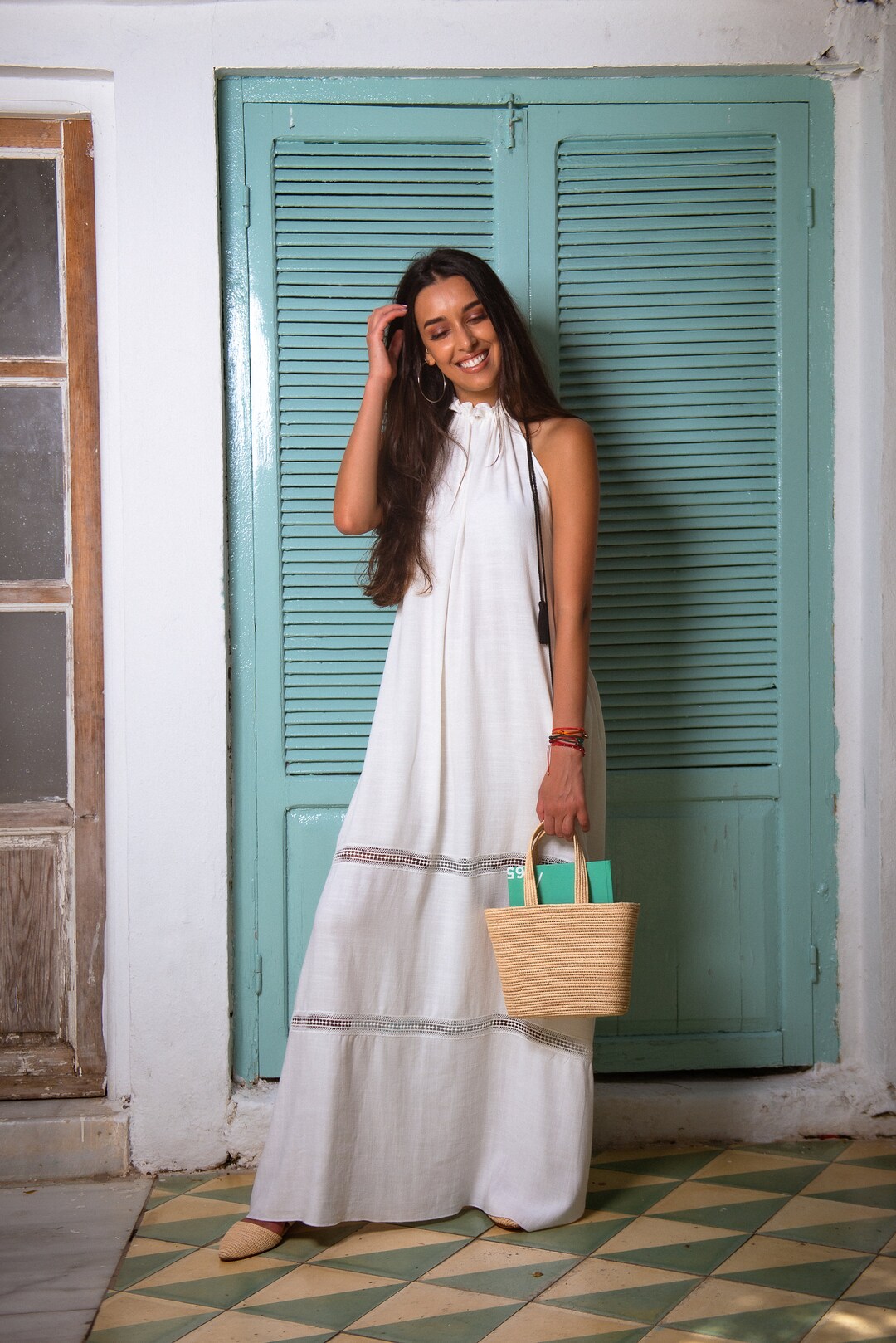 Buy Handmade Linen Maxi Dress: Boho Resortwear With Silk Pompoms Online in  India