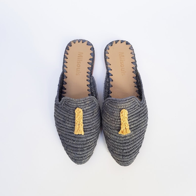 Raffia shoes handmade slippers grey summer mules Moroccan shoes High end raphia flats babouch