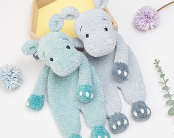 Crochet Hippo snuggler pattern, Hippo lovey, cuddle toy, baby security blanket, comforter toy