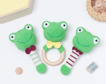 Frog rattle crochet pattern, Set of 2 baby rattle patterns, teether pattern, PDF