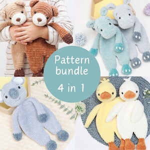 Puede incluir: Un conjunto de cuatro patrones de amigurumi de crochet, que incluyen un oso marrón, un koala gris, un hipopótamo azul y un pato amarillo y blanco. Los patrones están disponibles en paquete, con el texto "Pattern bundle 4 in 1" que se muestra en un círculo azul.