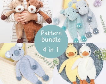 May include: A set of four crochet amigurumi patterns, featuring a brown bear, a gray koala, a blue hippopotamus, and a yellow and white duck. The patterns are available as a bundle, with the text "Pattern bundle 4 in 1" displayed on a blue circle.