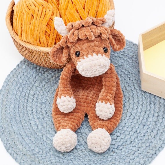 Crochet Highland cow snuggler pattern, Highland cow lovey crochet pattern, comforter toy, baby security blanket