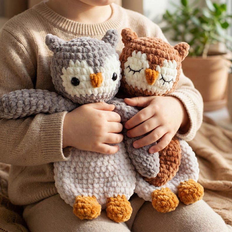 Modello all'uncinetto per coccolare un gufo, modello all'uncinetto per un peluche a forma di gufo, peluche, copertina di sicurezza per neonati immagine 11