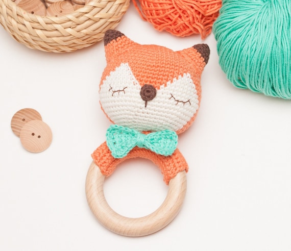 Fox rattle crochet pattern, Fox teether pattern, amigurumi fox baby rattle, PDF
