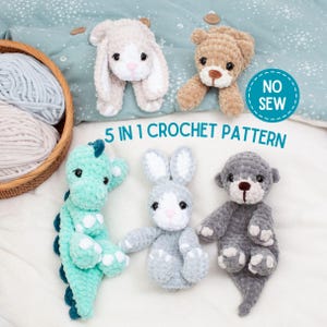 No Sew Animal Snuggler Bundle Crochet Pattern, Amigurumi Lovey Baby Comforter PDF